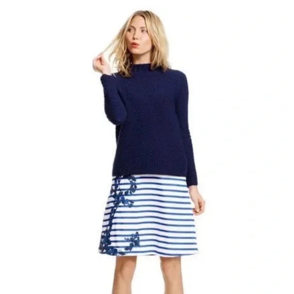 BODEN Nautical Anchor Blue and Off White Striped A-Line Midi Skirt 10R - Picture 2 of 3